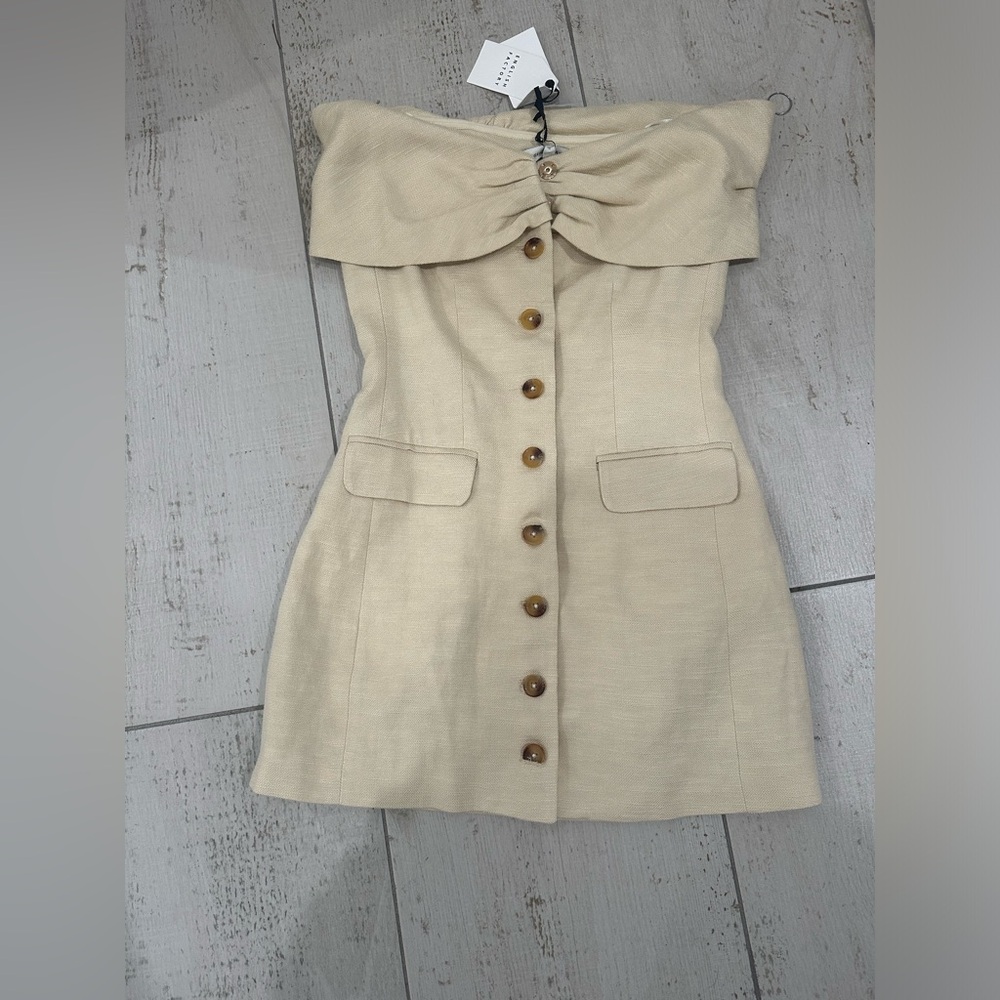 English Factory Strapless Beige Dress with Button Detail
